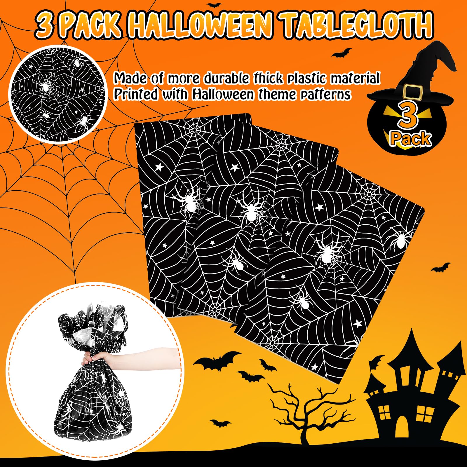 3Pcs Halloween Tablecloths Plastic Spiderweb Tablecloth Disposable Spider Web Table Cloth Rectangle Black Table Cover for Halloween Holiday Party Home Haunted House Decorations,54 x 72 Inch