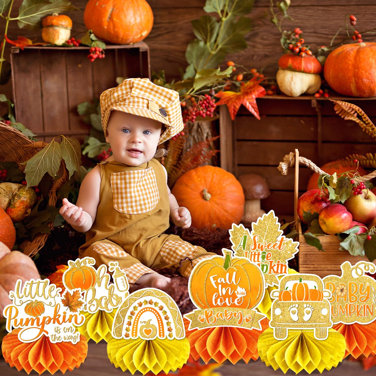 8 PCS Little Pumpkin Baby Shower Decorations Honeycomb Centerpieces Fall Theme Baby Shower Table Decorations Pumpkin Baby Shower Table Toppers for Autumn Thanksgiving Gender Reveal Party Decorations