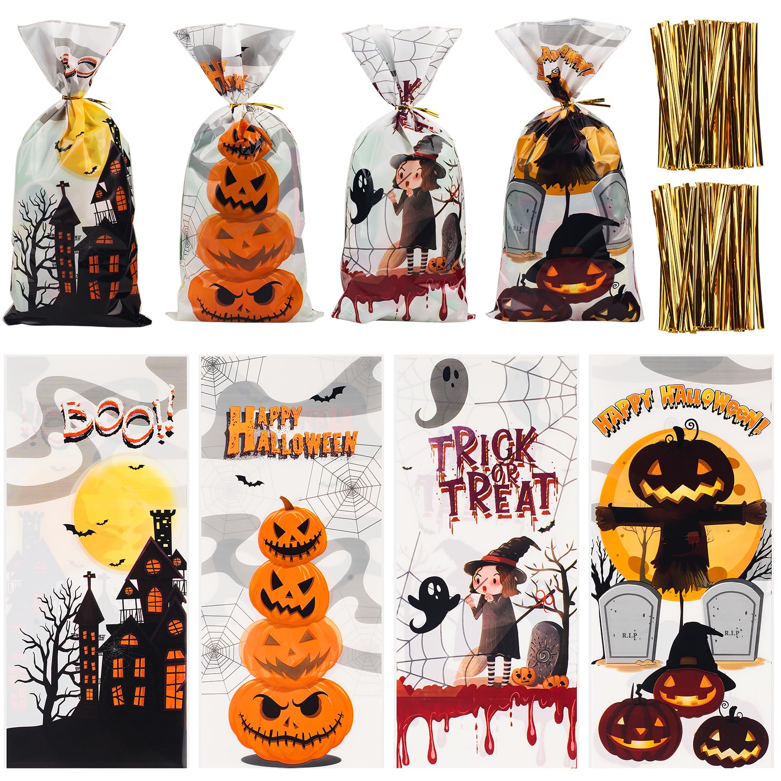 200 PCS Halloween Cellophane Treat Bags, Halloween Goodie Bags with Twist Ties, Halloween Candy Bags for Halloween Party Favors, Trick or Treat, Hallowen Gift Party Supplies