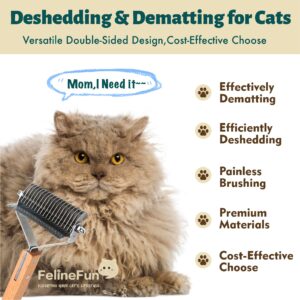 FelineFun Cat Brush for Dematting & Deshedding, 2 in 1 Undercoat Rake, Efficiently Remove Loose Hair & Matted Fur, Professional Shedding Comb for Indoor Cats & Long Haired Cats