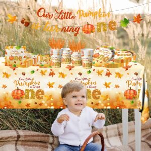 Dydamud Our Little Pumpkin is Turning One Decorations,143Pcs Little Pumpkin 1st Birthday Tableware Maple Leaf Fall Baby Shower Plates and Napkins for Thanksgiving Pumpkin First birthday Supplies