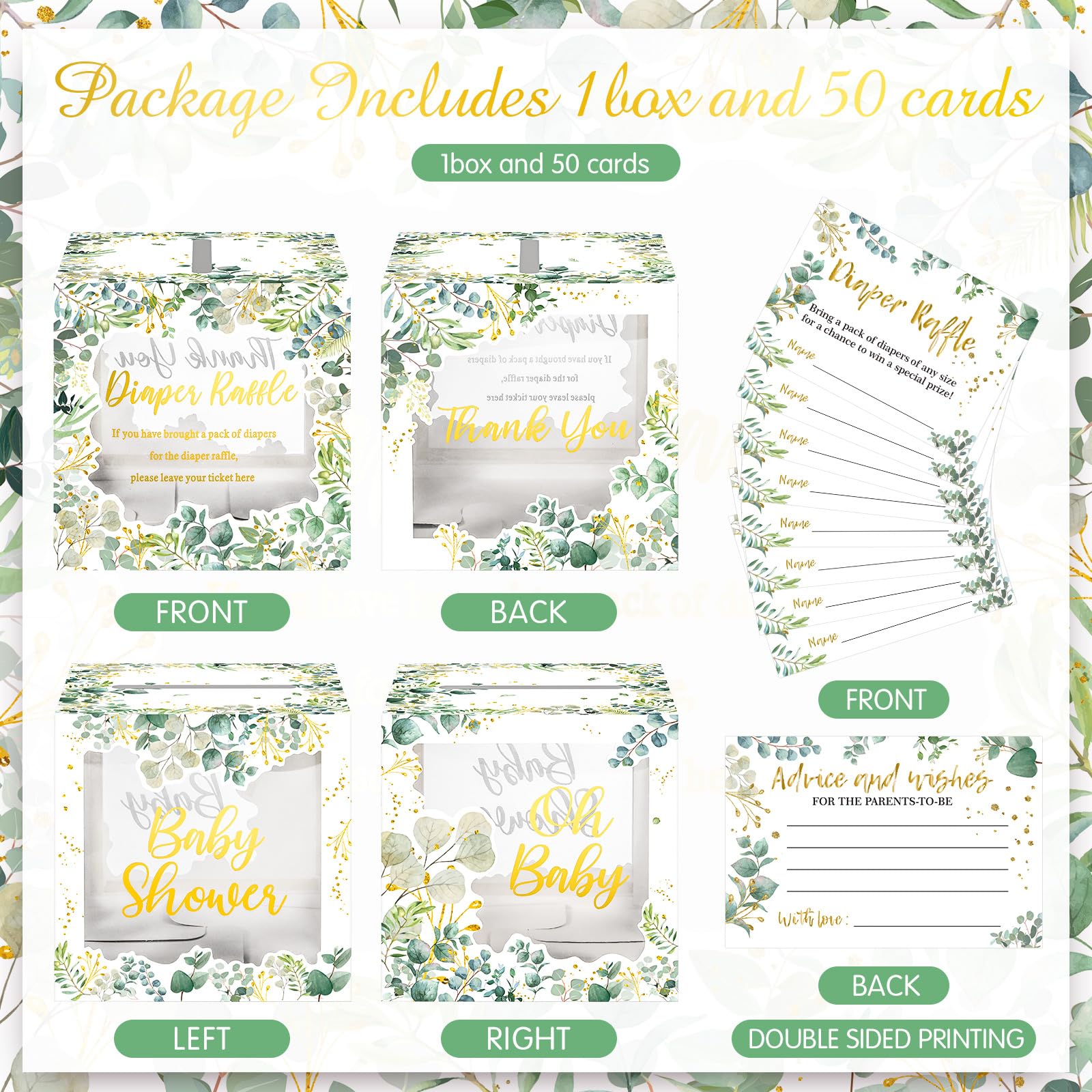 Pasimy 51 Pcs Greenery Diaper Raffle Tickets with Diaper Raffle Card Box Clear Greenery Diaper Raffle Cards Diaper Raffle Box Set Baby Shower Raffle Game Kit for Baby Shower Party Favor Decorations