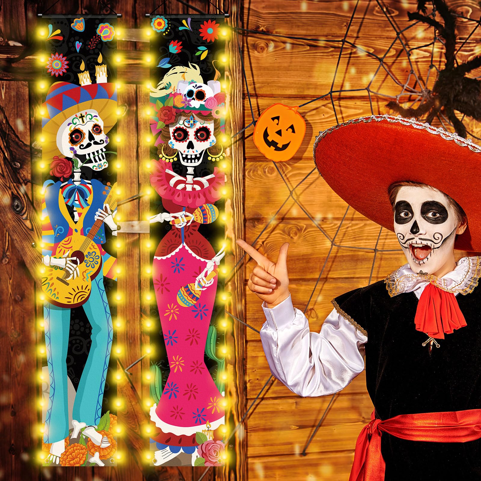 Tiamon 3 Pcs Day of The Dead Porch Sign with LED Lights, Mexican Dia De Los Muertos Party Door Decorations, Day of The Dead Sugar Skull Door Banner for Halloween Fiesta Party, 11.8 x 70.9 Inches