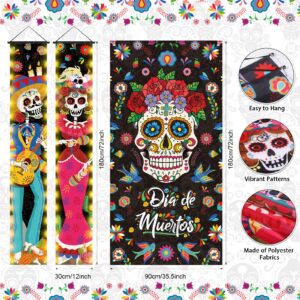 Tiamon 3 Pcs Day of The Dead Porch Sign with LED Lights, Mexican Dia De Los Muertos Party Door Decorations, Day of The Dead Sugar Skull Door Banner for Halloween Fiesta Party, 11.8 x 70.9 Inches