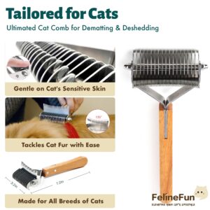 FelineFun Cat Brush for Dematting & Deshedding, 2 in 1 Undercoat Rake, Efficiently Remove Loose Hair & Matted Fur, Professional Shedding Comb for Indoor Cats & Long Haired Cats