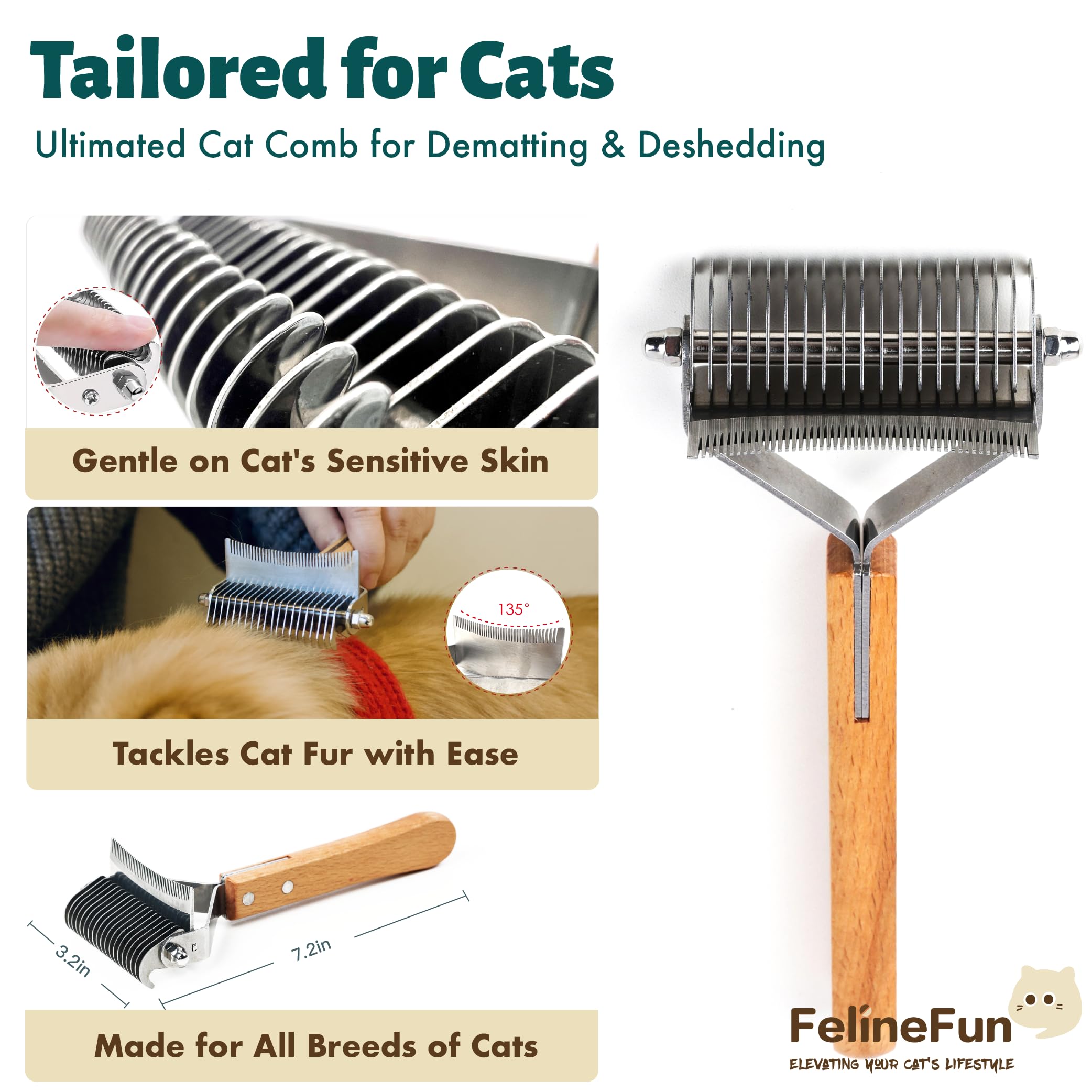 FelineFun Cat Brush for Dematting & Deshedding, 2 in 1 Undercoat Rake, Efficiently Remove Loose Hair & Matted Fur, Professional Shedding Comb for Indoor Cats & Long Haired Cats