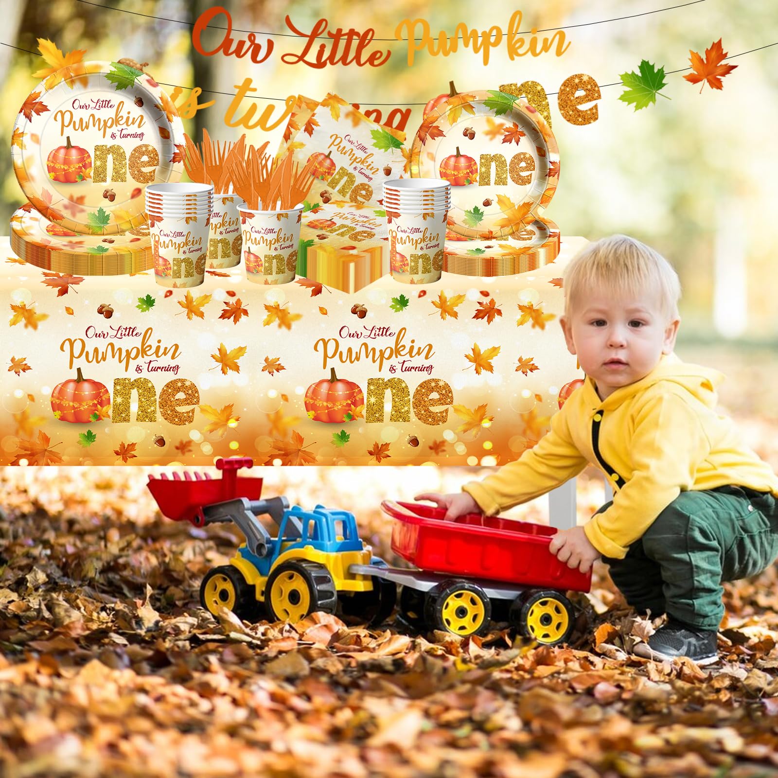 Dydamud Our Little Pumpkin is Turning One Decorations,143Pcs Little Pumpkin 1st Birthday Tableware Maple Leaf Fall Baby Shower Plates and Napkins for Thanksgiving Pumpkin First birthday Supplies