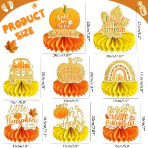 8 PCS Little Pumpkin Baby Shower Decorations Honeycomb Centerpieces Fall Theme Baby Shower Table Decorations Pumpkin Baby Shower Table Toppers for Autumn Thanksgiving Gender Reveal Party Decorations