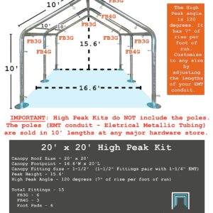 Carport Kit, 20' x 20' High Peak Canopy Fittings, DIY Metal Carport Frame Parts, 1-1/2" EMT Fittings