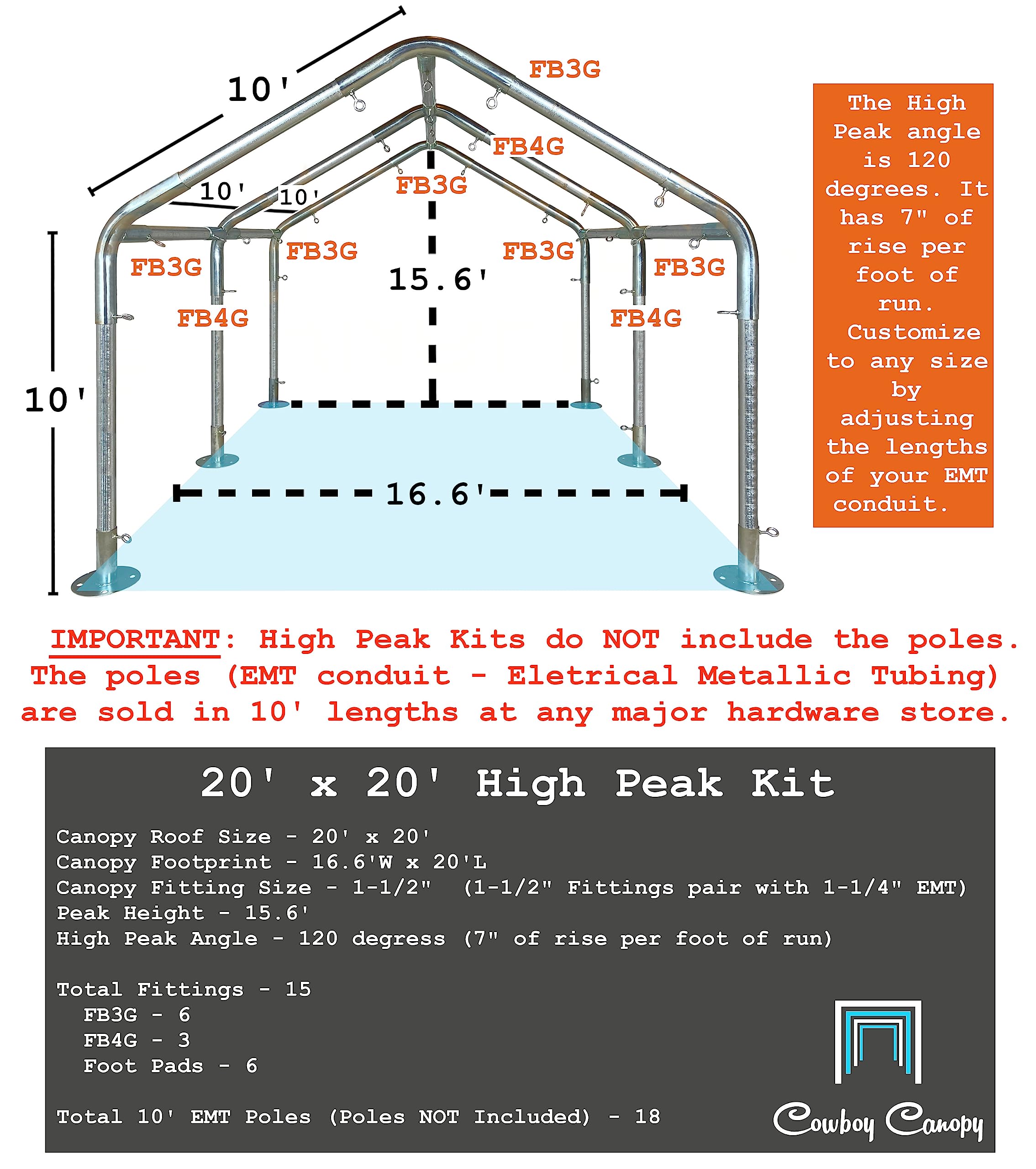 Carport Kit, 20' x 20' High Peak Canopy Fittings, DIY Metal Carport Frame Parts, 1-1/2" EMT Fittings