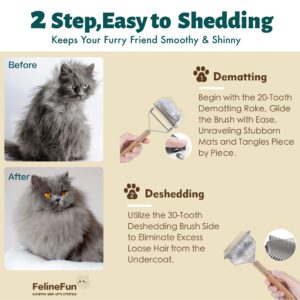 FelineFun Cat Brush for Dematting & Deshedding, 2 in 1 Undercoat Rake, Efficiently Remove Loose Hair & Matted Fur, Professional Shedding Comb for Indoor Cats & Long Haired Cats