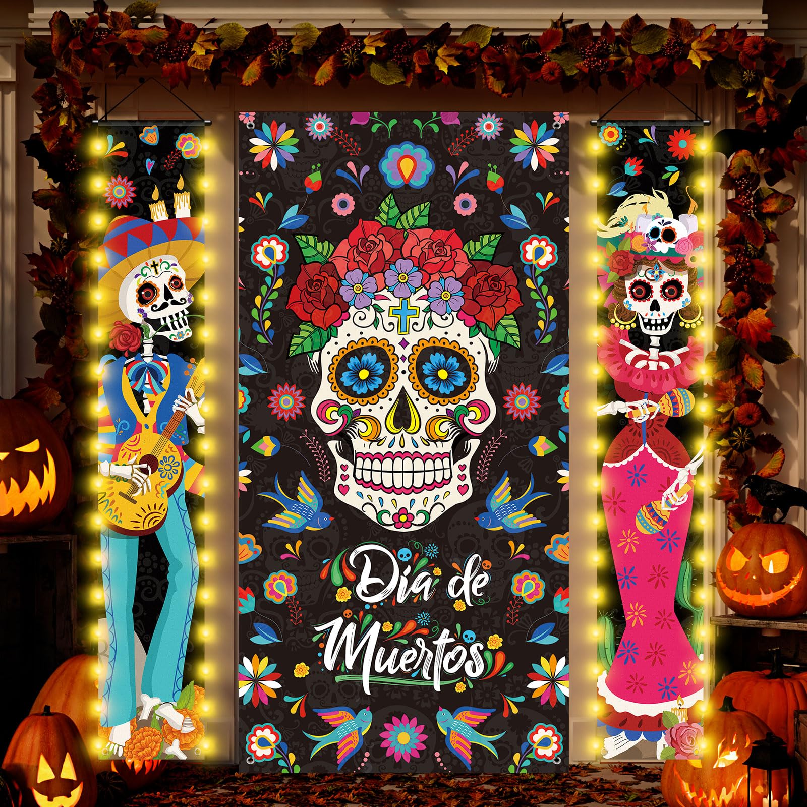 Tiamon 3 Pcs Day of The Dead Porch Sign with LED Lights, Mexican Dia De Los Muertos Party Door Decorations, Day of The Dead Sugar Skull Door Banner for Halloween Fiesta Party, 11.8 x 70.9 Inches