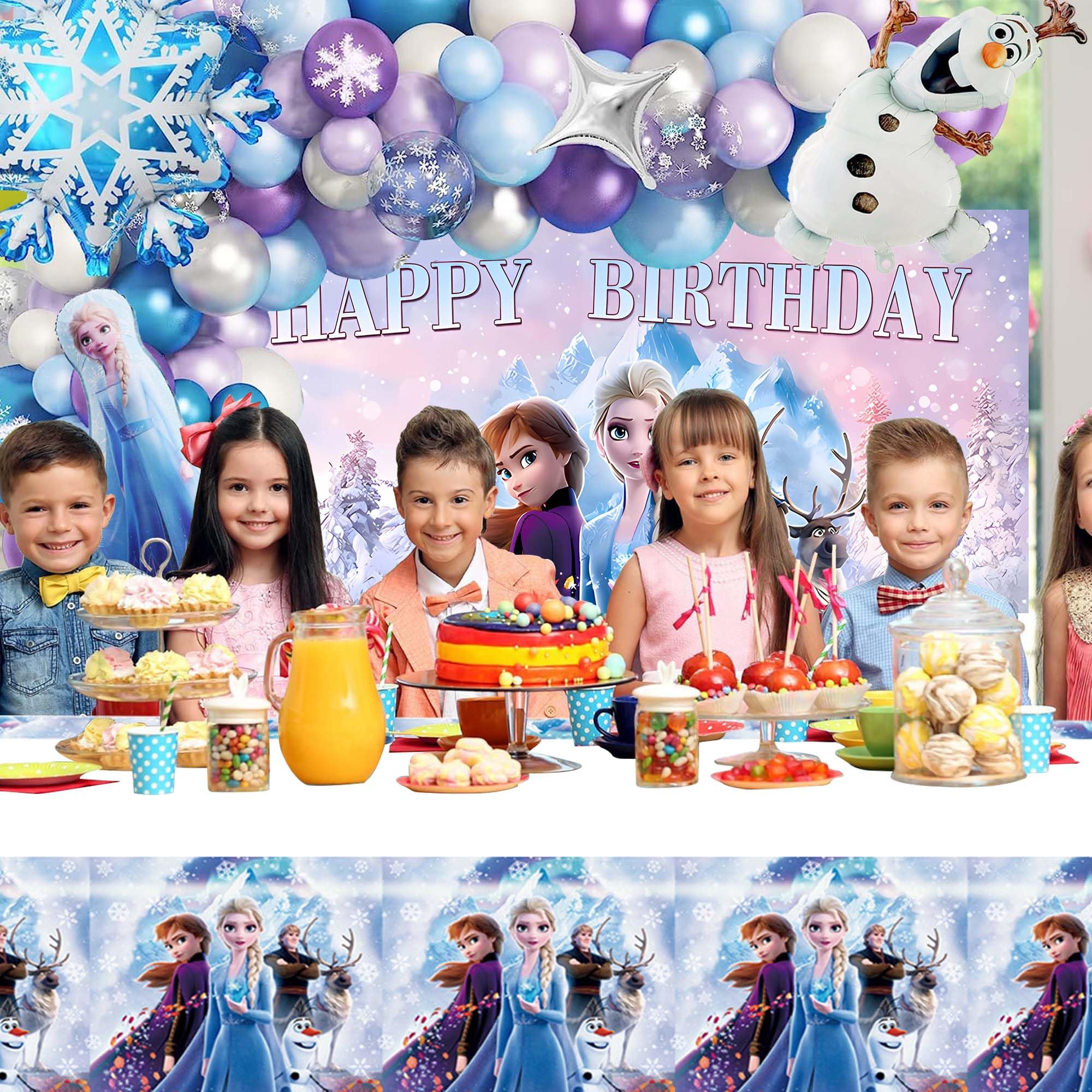 Frozen Birthday Party Supplies, Frozen Party Decorations Includes Snowflake Balloon Garland Arch Kit,Frozen Backdrop, Frozen Tablecloth, Elsa, Snowman and Snowflake Foil Balloon