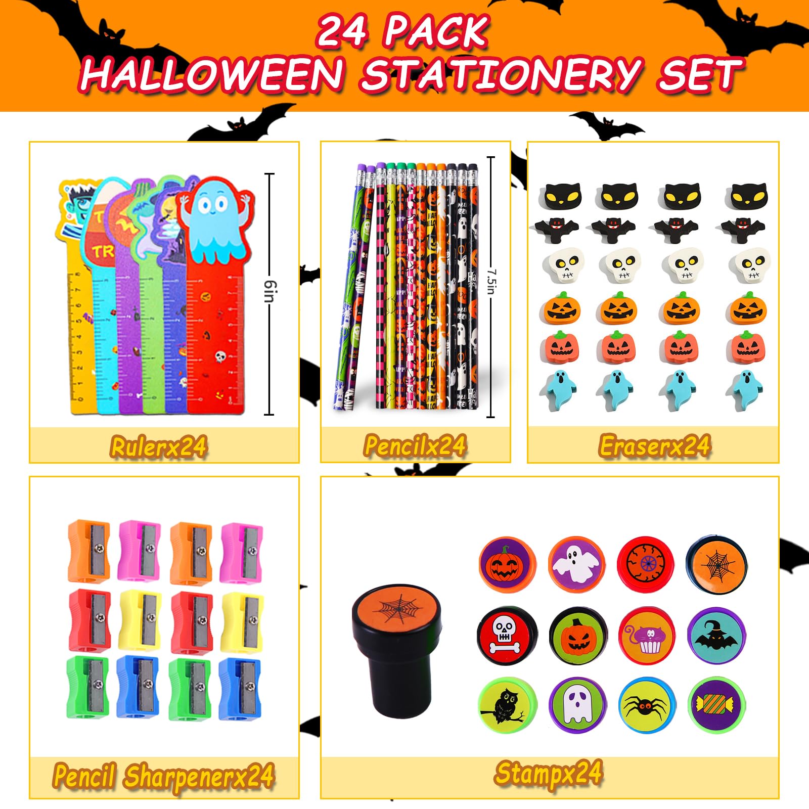 436 Pcs 24 Pack Assorted Halloween Stationery Set, Halloween Party Favors for Kids, Halloween Classroom Prizes Supplies Goodie Bag Stuffers Fillers, Including Halloween Themed Assorted Stationery