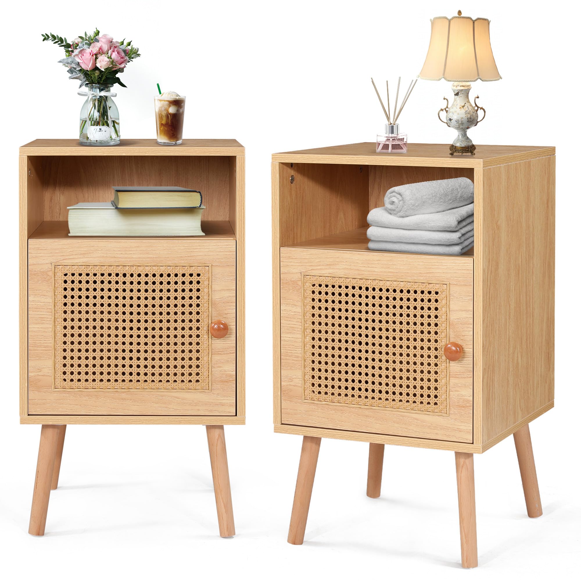 KROFEM Modern Mid Century Boho Rattan Cane Nightstand Set of 2, End Table with Open Storage, Solid Wood Legs, Bedroom Night Stand, Natural, Clearance