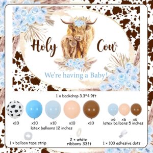 JOYMEMO Highland Cow Baby Shower Decorations for Boy - Blue Cow Balloon Garland Arch Kit with Holy Cow We are Having a Baby Backdrop, Boho Floral Highland Cattle Baby Shower Party Supplies