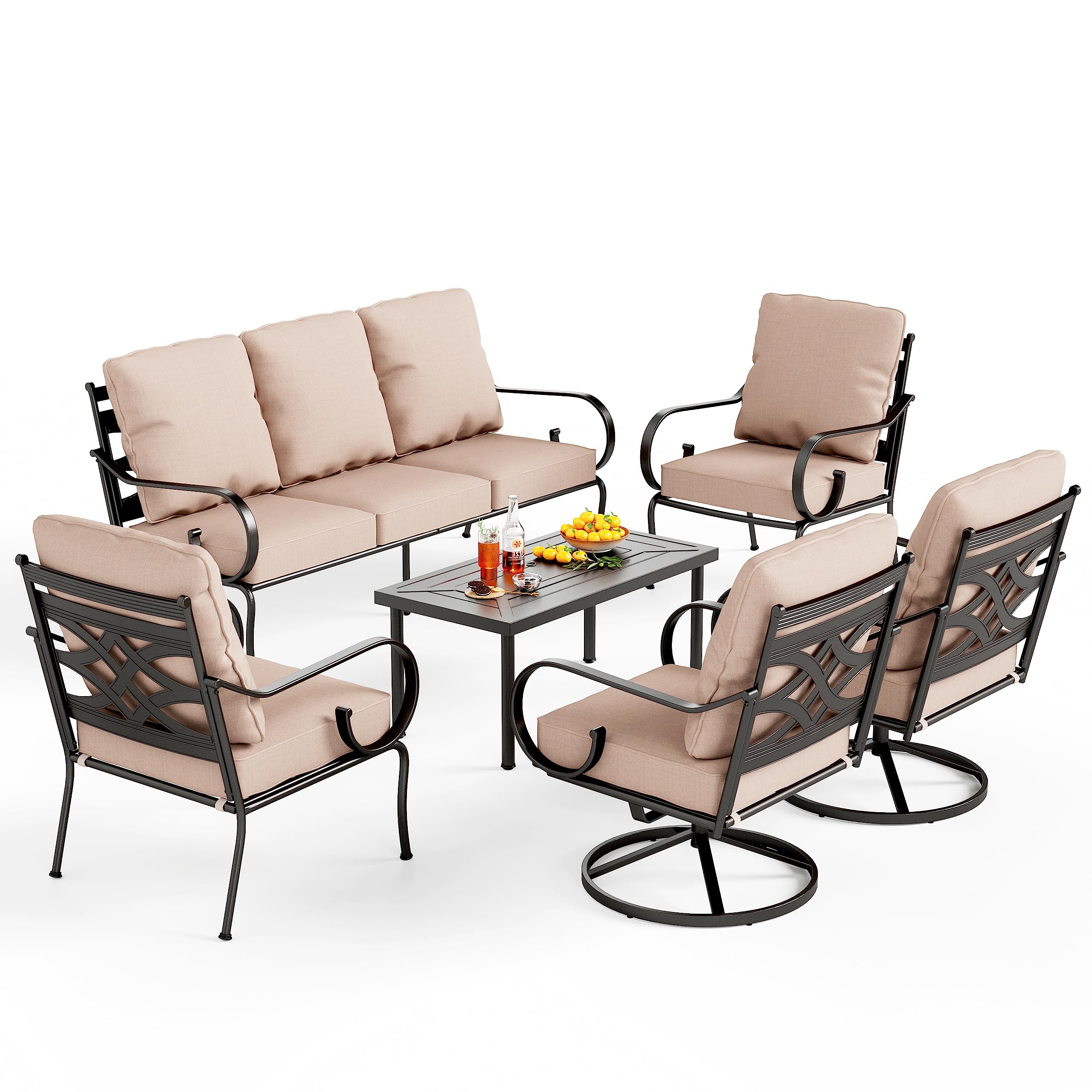 PHI VILLA Metal Patio Outdoor Furniture Sets,Large Heavy Duty Patio Conversation Sets for Backyard, Porch and Garden（Beige, 6 pcs w/Table）