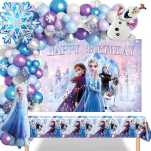 frozen birthday party supplies, frozen party decorations includes snowflake balloon garland arch kit,frozen backdrop, frozen tablecloth, elsa, snowman and snowflake foil balloon