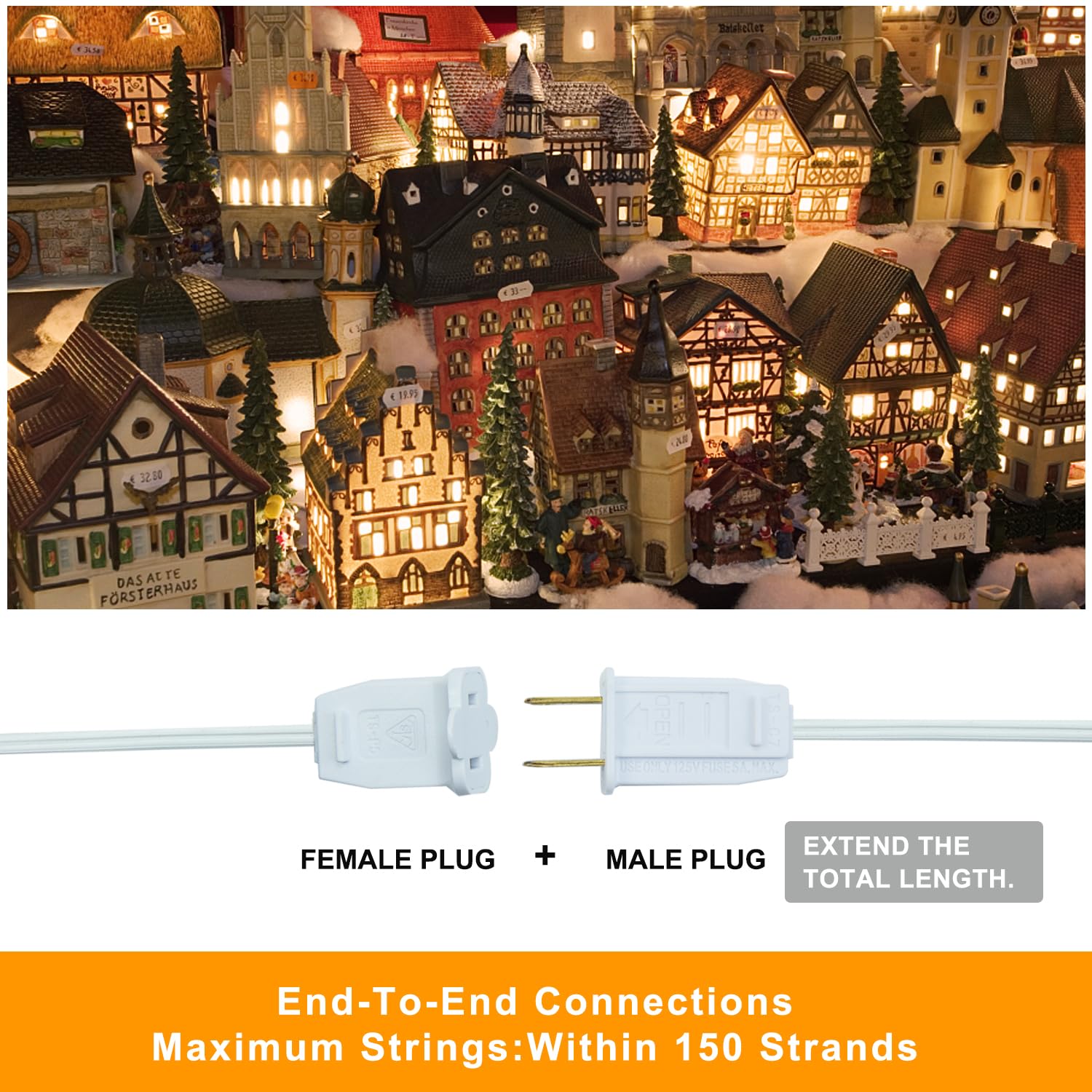 Erxiugs Chainable Accessory Cord with Three (3) c7/e12 Candelabra LED Light Bulbs, 8ft Blow Mold Light Cord with Male and Female Plugs for Village Accessories Houses Ceramics Tree Art and Craft.