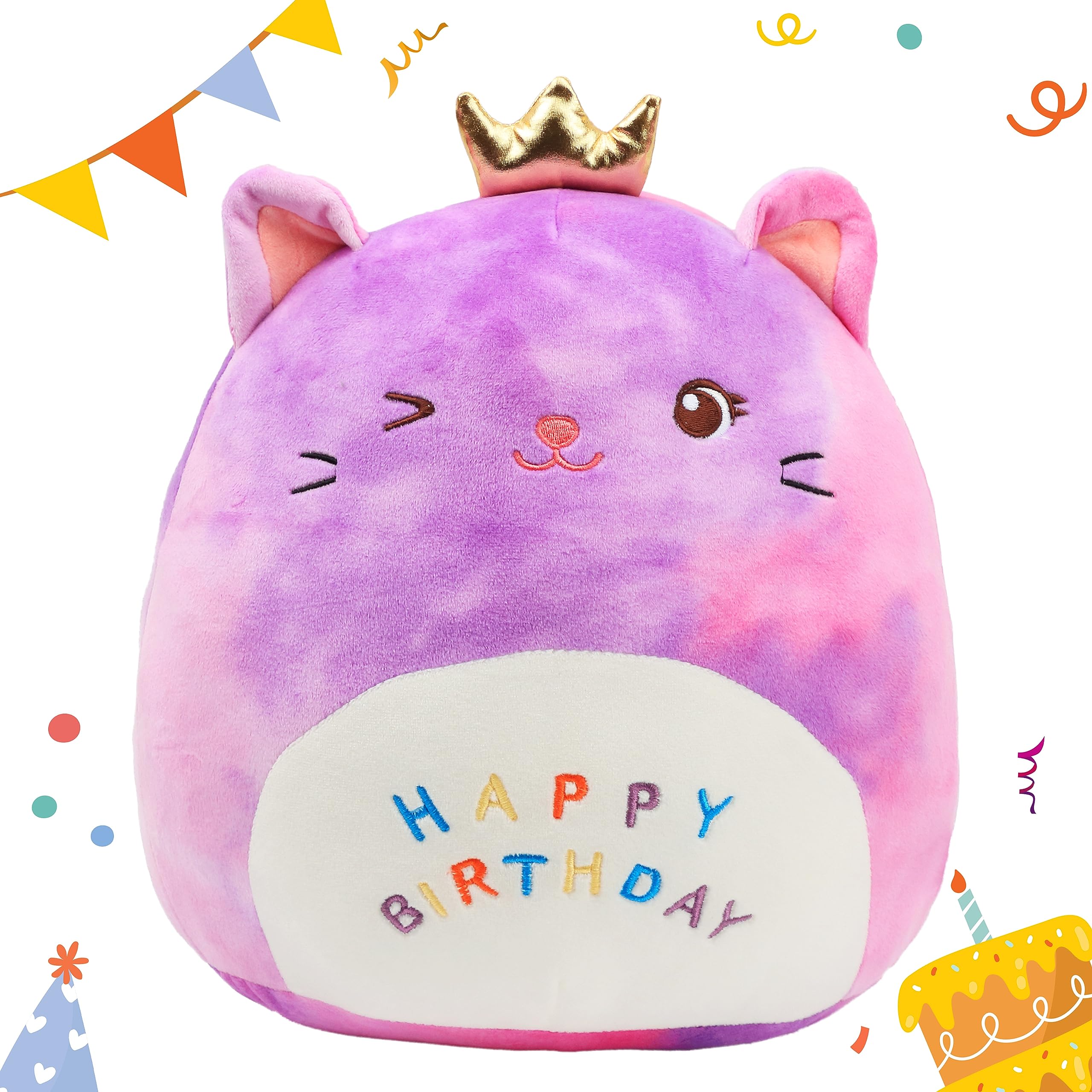 Easfan 12'' Rainbow Birthday Kitty Plush Pillow Soft Cat Plush Toy Cute Kitty Stuffed Animal Home Room Decoration Birthday Gifts for Kids Toddlers