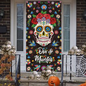 Tiamon 3 Pcs Day of The Dead Porch Sign with LED Lights, Mexican Dia De Los Muertos Party Door Decorations, Day of The Dead Sugar Skull Door Banner for Halloween Fiesta Party, 11.8 x 70.9 Inches