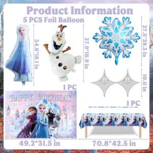 Frozen Birthday Party Supplies, Frozen Party Decorations Includes Snowflake Balloon Garland Arch Kit,Frozen Backdrop, Frozen Tablecloth, Elsa, Snowman and Snowflake Foil Balloon