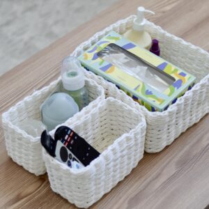 Set of 3 White Woven Baskets - Table Organizer, Natural and Eco-Friendly Storage Solution, Storage Baskets for Shelves, Toy Storage, Sustanabile Paper Rope Material