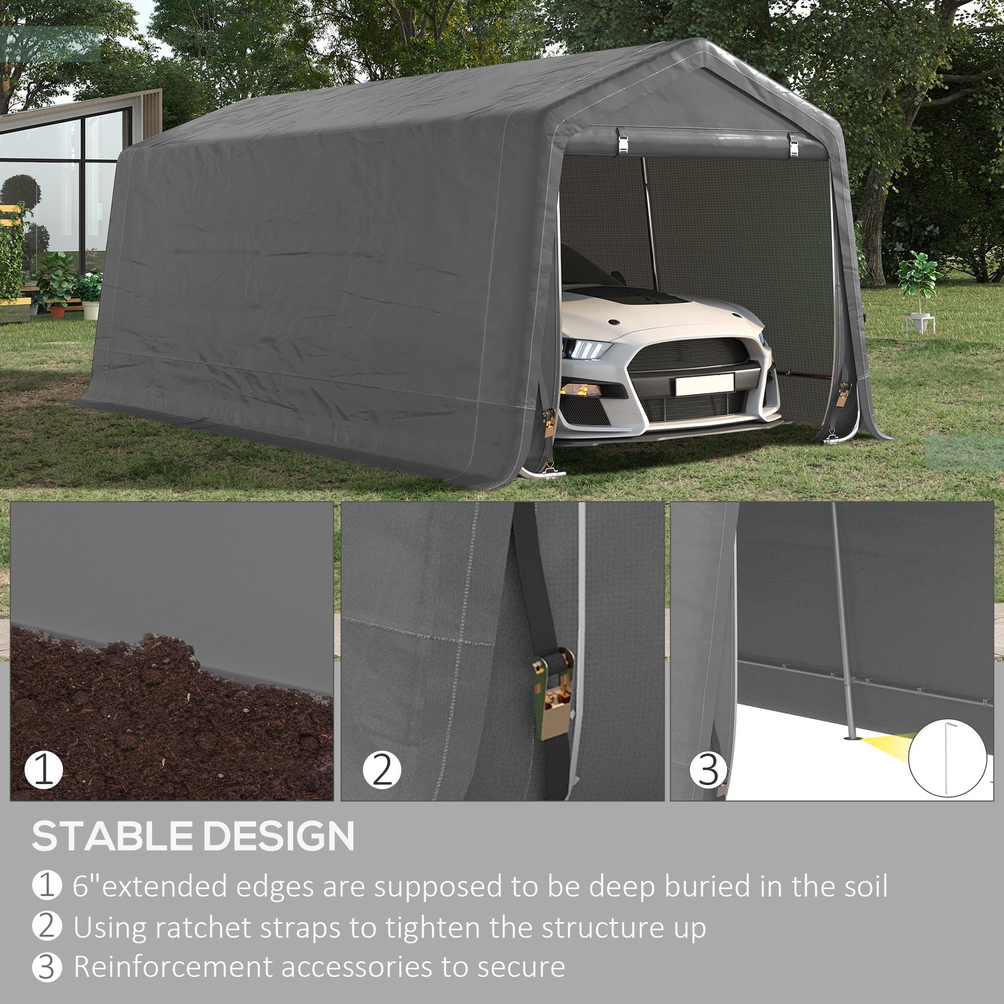 Outsunny 10' x 20' Carport Portable Garage, Heavy Duty Storage Tent, Patio Storage Shelter w/Anti-UV PE Cover and Double Zipper Doors, for Motorcycle Bike Garden Tools, Gray