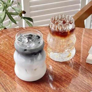 2 Pcs Ribbed Glass Cups, 18 Oz Vintage Drinking Glassware with Wave Shape Design, Bubble Cups for Iced Coffee, Juice, Beverage, Milk, Cocktails, Bubble Tea, and More