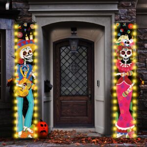 Tiamon 3 Pcs Day of The Dead Porch Sign with LED Lights, Mexican Dia De Los Muertos Party Door Decorations, Day of The Dead Sugar Skull Door Banner for Halloween Fiesta Party, 11.8 x 70.9 Inches