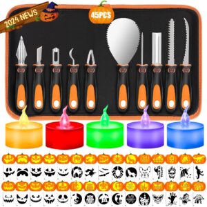 kopotma pumpkin carving tools, halloween pumpkin carving kit, all in one professional pumpkin carving set with stencils and candles, heavy duty pumpkin carving kit for kids & adults