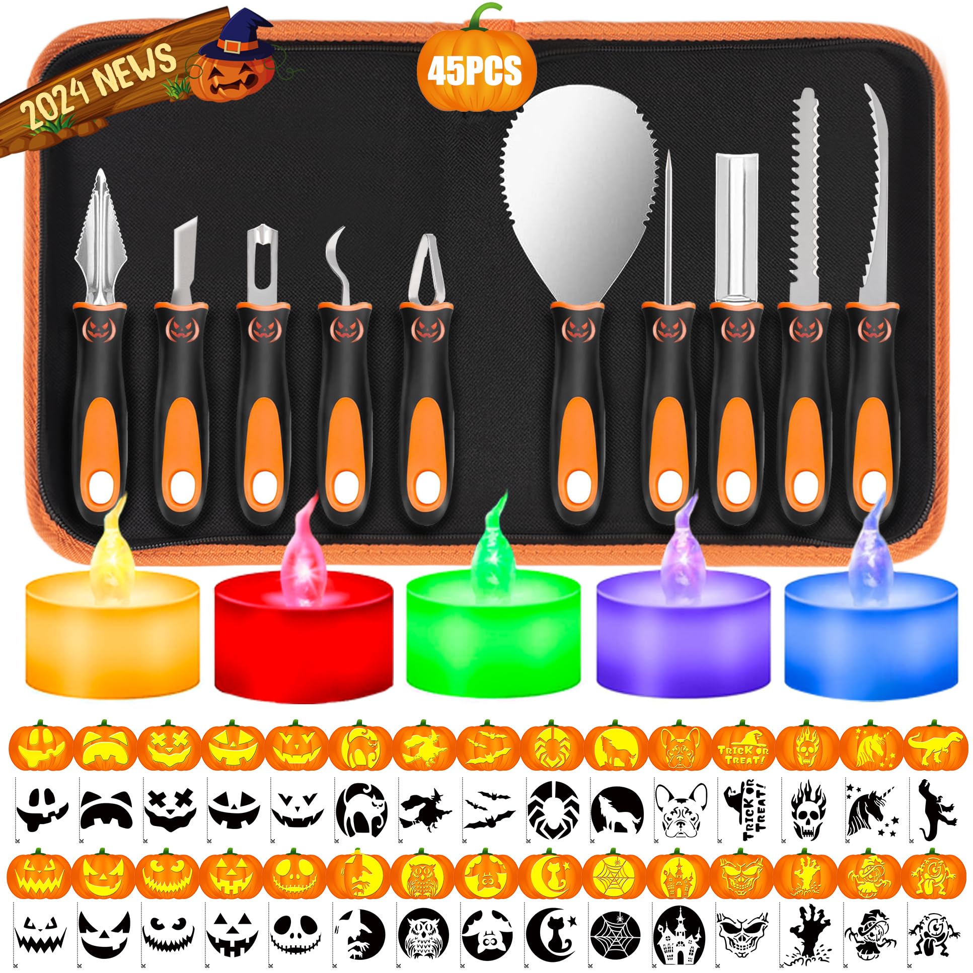 kopotma Pumpkin Carving Tools, Halloween Pumpkin Carving Kit, All in One Professional Pumpkin Carving Set with Stencils and Candles, Heavy Duty Pumpkin Carving Kit for Kids & Adults