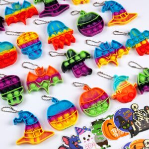 amuhua halloween party favors for kids - 24pcs halloween mini push pop keychain fidget toys ghost pumpkin witch hat with tags for kids halloween gifts goodies bag fillers