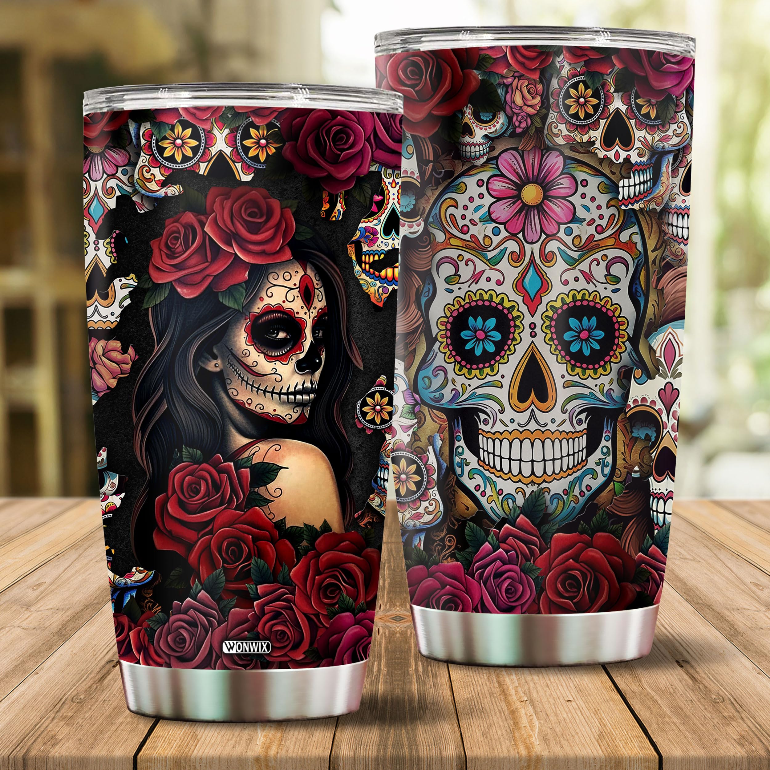 WONWIX Sugar Skull Gifts for Women Insulated 20oz Stainless Steel Coffee Cup Travel Mug Water Bottle Tumbler With Lid Thermos Tattoo Girls Wife Daughter Mom