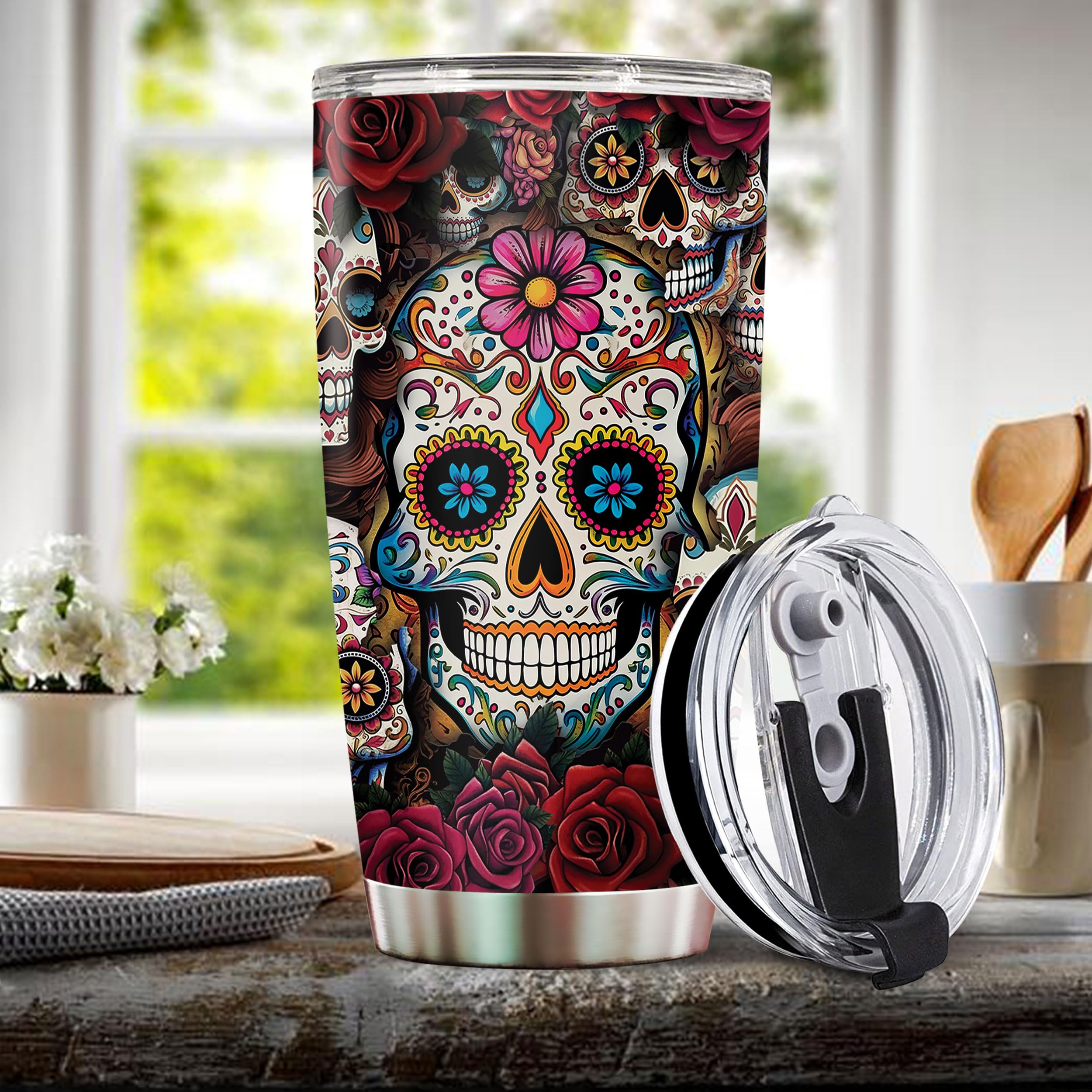 WONWIX Sugar Skull Gifts for Women Insulated 20oz Stainless Steel Coffee Cup Travel Mug Water Bottle Tumbler With Lid Thermos Tattoo Girls Wife Daughter Mom