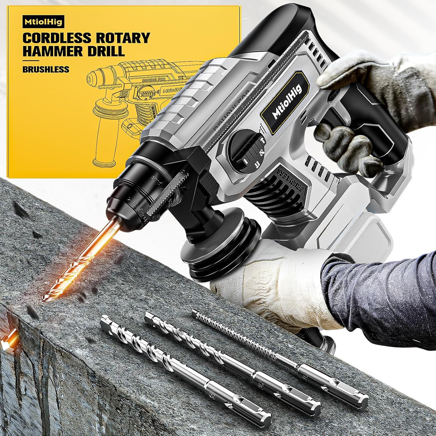 Cordless Rotary Hammer Drill for Dewalt 20V MAX Battery, Brushless SDS-Plus Hammer Drill with Safety Clutch for Concrete/Masonry, 1500 RPM, 4 Modes with 360°Auxiliary Handle, Including 4 Drill Bits