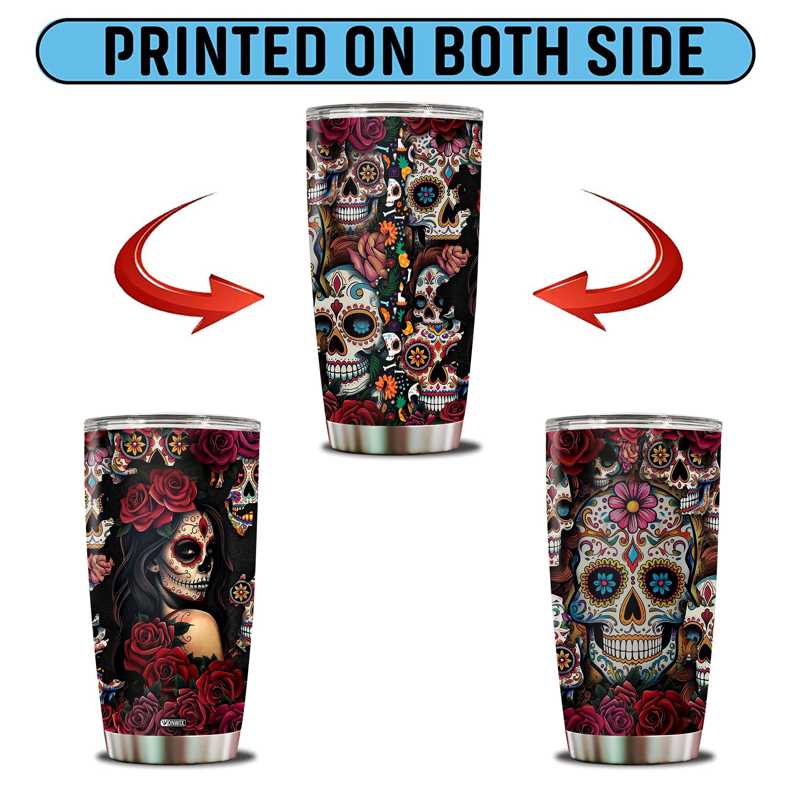 WONWIX Sugar Skull Gifts for Women Insulated 20oz Stainless Steel Coffee Cup Travel Mug Water Bottle Tumbler With Lid Thermos Tattoo Girls Wife Daughter Mom