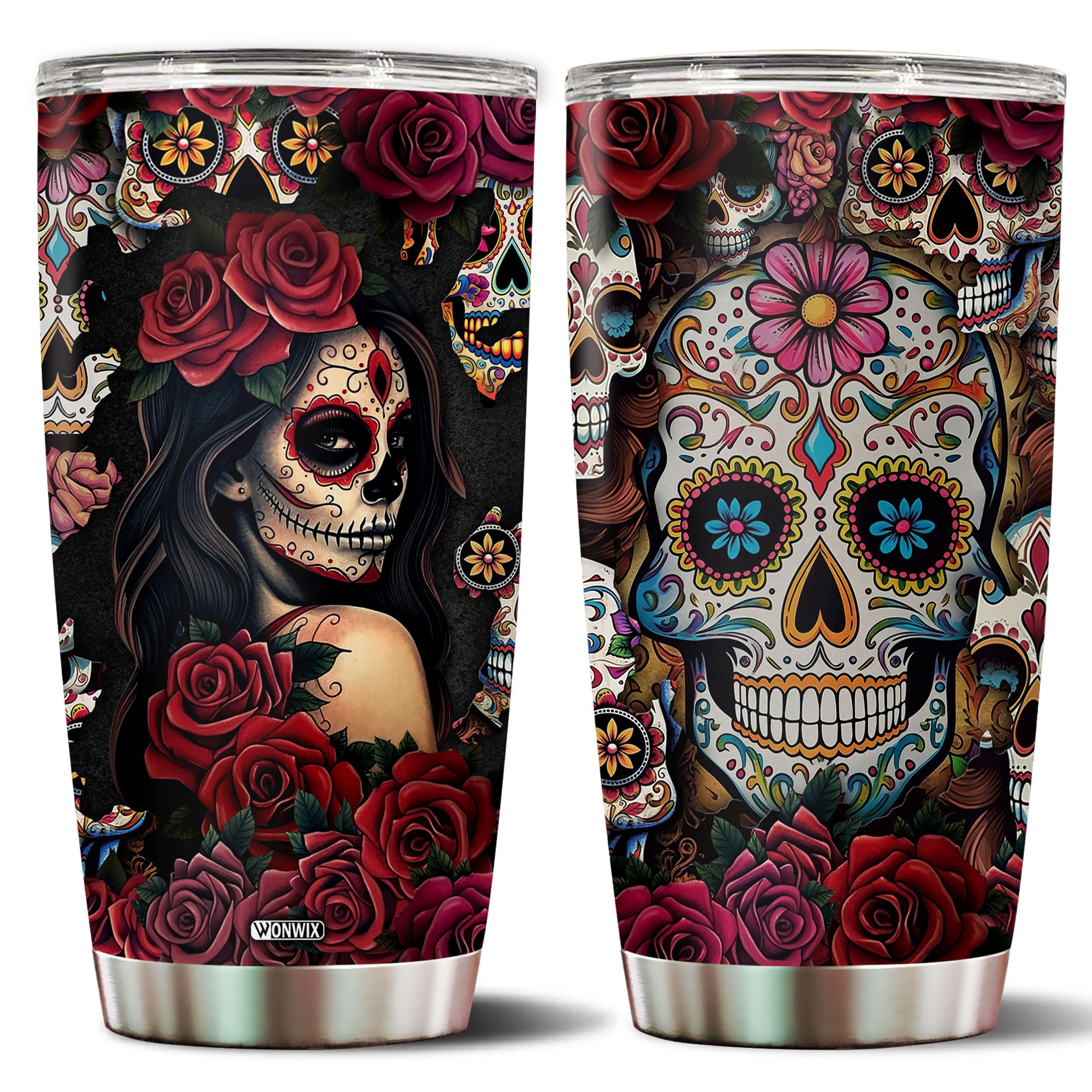 WONWIX Sugar Skull Gifts for Women Insulated 20oz Stainless Steel Coffee Cup Travel Mug Water Bottle Tumbler With Lid Thermos Tattoo Girls Wife Daughter Mom