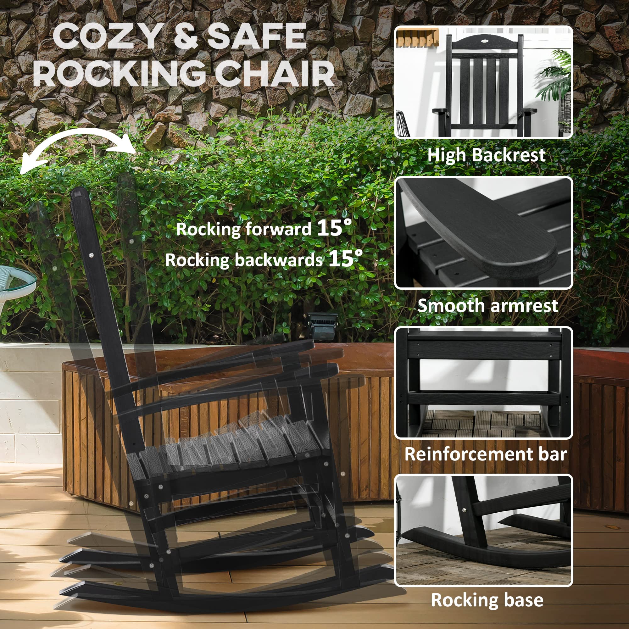 Outsunny 2 Piece Outdoor Rocking Chair Set, HDPE Rocking Patio Chairs with Rustic High Back, Armrests, Oversized Seat and Slatted Backrest, 350lbs Weight Capacity, Black