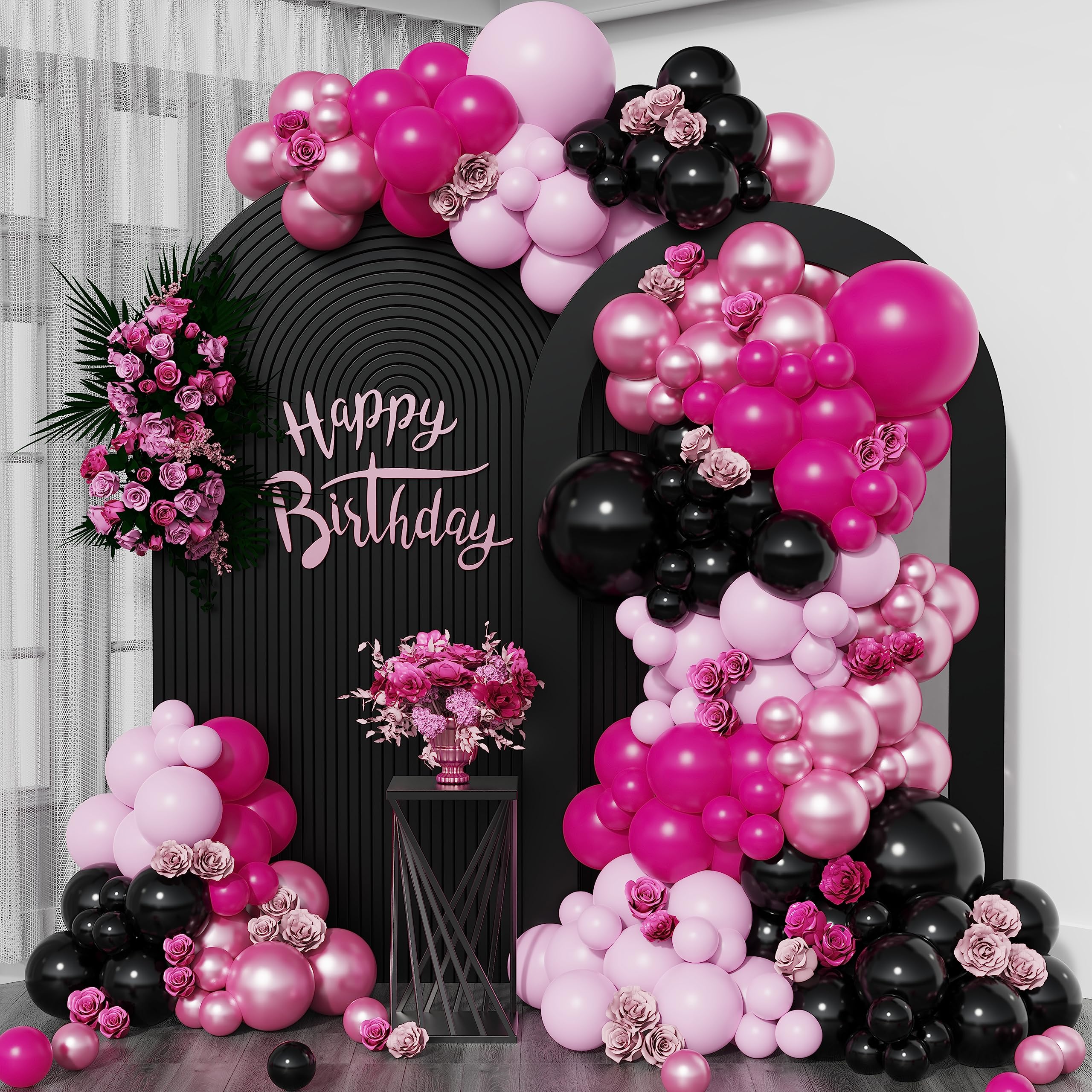 Enanal Pink and Black Balloon Garland Arch Kit, 153pcs Black Magenta Baby Pink and Chrome Pink Balloons for Girls Birthday Decoration Sweet 16 Party Supplies Bridal Shower Graduation Decor (Pink)