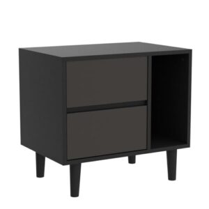 TUKAILAi Modern Nightstand with 2 Drawers, Open Storage & Solid Wood Legs, Bedside Table Cabinet Storage Unit for Bedroom (Black)