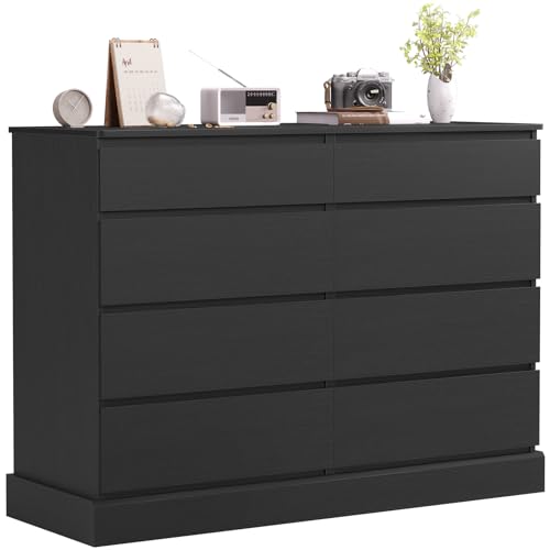 Hasuit Black Dresser for Bedroom, Long Dresser with 8 Drawers, 51.5''W Wooden Dresser Chest of 8 Drawers, Large Capacity Clothing Storage Cabinet, Wide Dresser for Bedroom Living Room Entryway