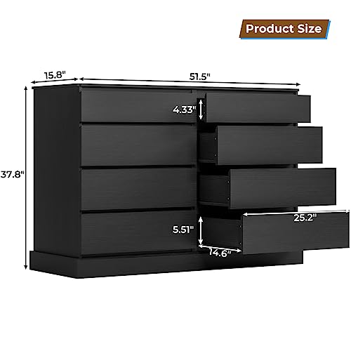 Hasuit Black Dresser for Bedroom, Long Dresser with 8 Drawers, 51.5''W Wooden Dresser Chest of 8 Drawers, Large Capacity Clothing Storage Cabinet, Wide Dresser for Bedroom Living Room Entryway