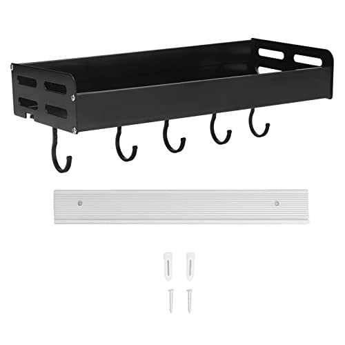 Deosdum Wall Mounted Kitchen Shelf Space Aluminum Rustproof Structure Floating Wall Shelves with 5 Hooks for Kitchen Black (30cm Long Black)