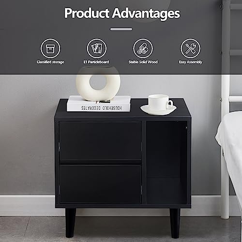 TUKAILAi Modern Nightstand with 2 Drawers, Open Storage & Solid Wood Legs, Bedside Table Cabinet Storage Unit for Bedroom (Black)