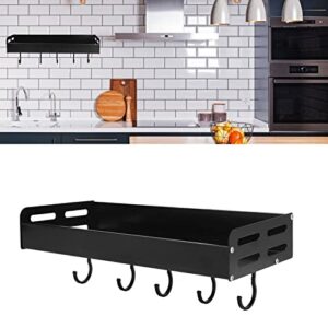 Deosdum Wall Mounted Kitchen Shelf Space Aluminum Rustproof Structure Floating Wall Shelves with 5 Hooks for Kitchen Black (30cm Long Black)