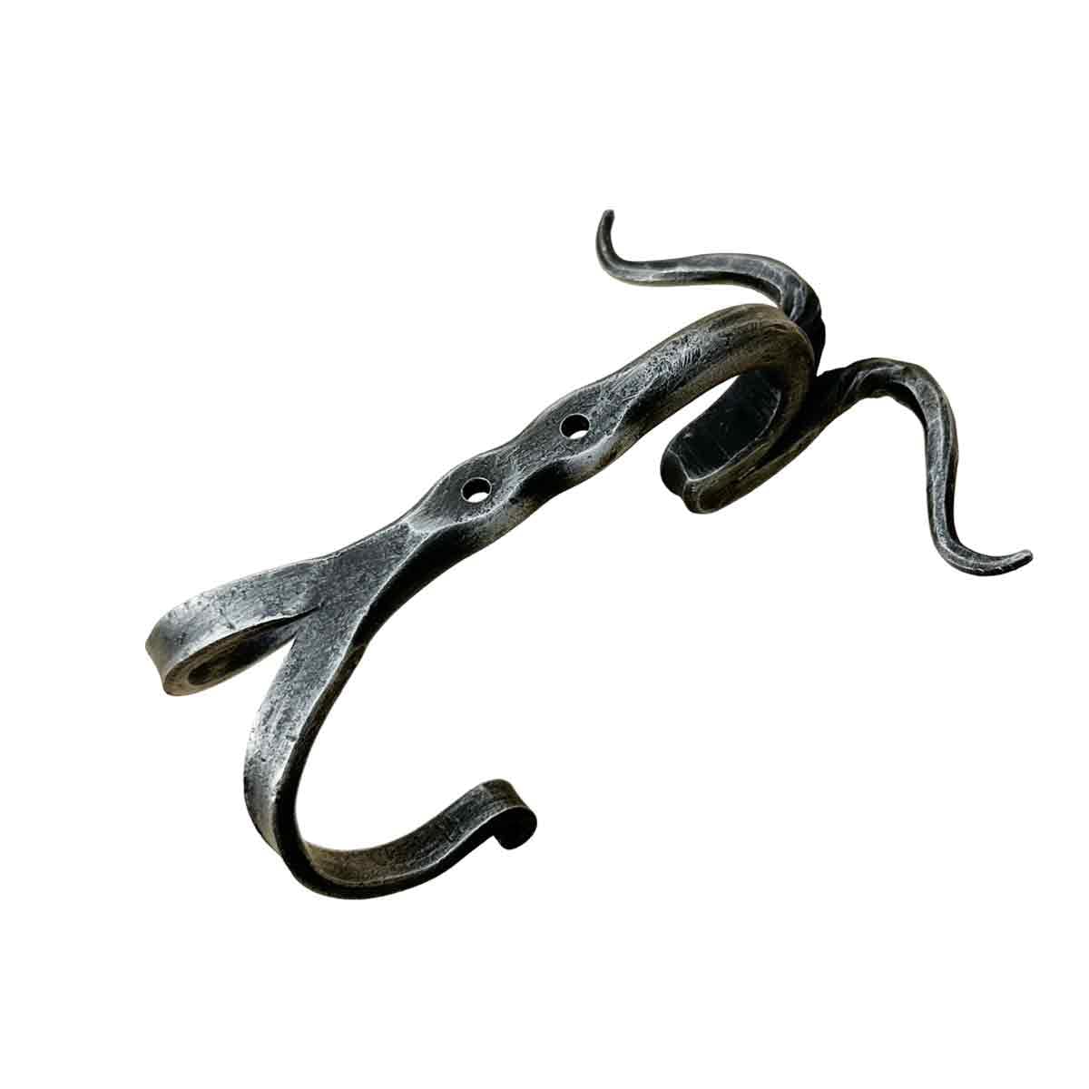 Living Ideas Hand Forged Bull’s Head Double Hook Wrought Iron Handmade Wall Mounted Rustic Hook with Ring Holder Blacksmith Farmhouse Decor Coat Rack Antique Finish Heavy Duty Kitchen Towel Hooks