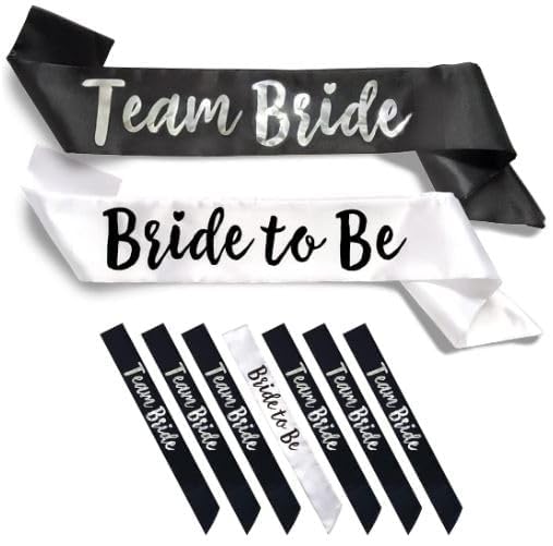 Team Bride 7pc Satin Sash Set - Sophisticated & Fun Party Favors for Bachelorette Party, Bridal Shower & Wedding Party (7pc Set, White & Black)