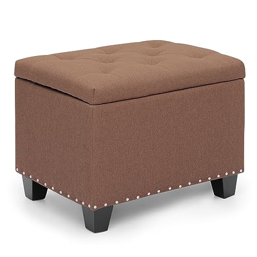 MoNiBloom 24 Inch Modern Storage Ottoman Bench, 40L Inner Space Brown Linen Foot Stool for Bedroom, Upholstered Padded Rectangular Fabric Tufted Bench Footrest with Wood Legs with 660 Lbs Capacity