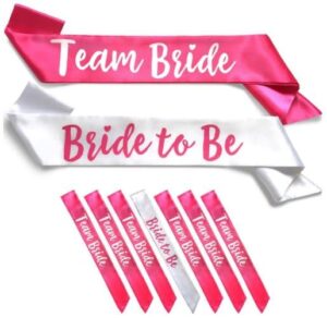 gdto8820 team bride 7pc satin sash set - sophisticated & fun party favors for bachelorette party, bridal shower & wedding party (7pc set, white & pink)